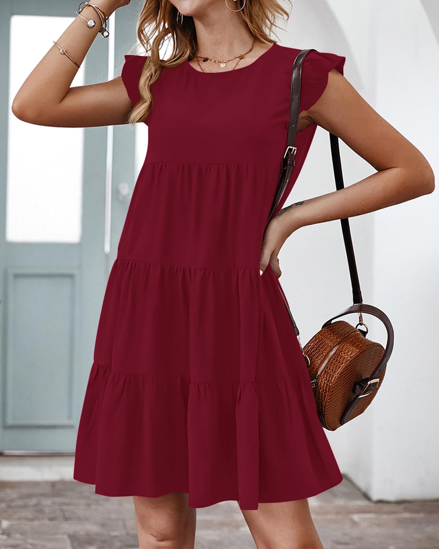 KIRUNDO Wedding Guest Dresses for Women Short Summer Sleeveless Ruffle Sleeve Round Neck Loose Short Flowy Pleated Tiered Mini Dress (Wine Red, X-Large)