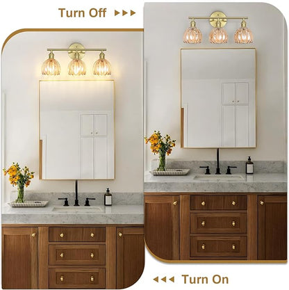 Vintage Bathroom Light Fixtures,3-Light Hardwired Vanity Lights Over Mirror,Gold Wall Sconces with Amber Tulip Glass Shade for Bathroom Living Room,E26 Socket(Bulbs Not Included)