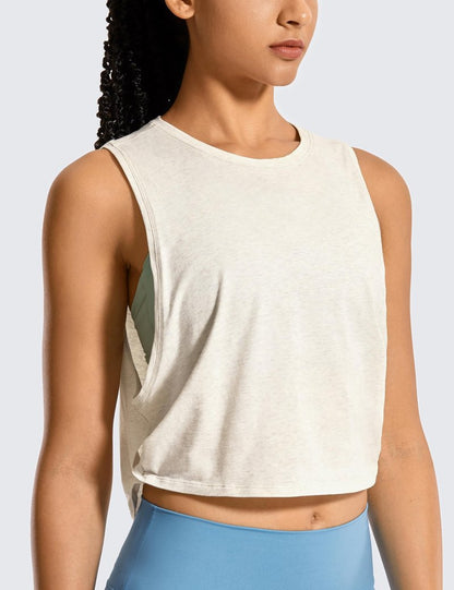 CRZ YOGA Women's Sleeveless Cotton Crop Tank Top for Yoga Gym Running Workout - Deep Armhole Ice Grey/White X-Small