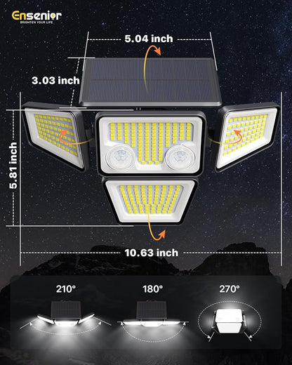 Ensenior Solar Lights Outdoor, IP65 Waterproof Motion Sensor Outdoor Light with Remote Control, 279 LED 4 Heads Solar Security Light with 4 Mode, 270° Wide Angle Solar Flood Light for Outside, 2 Packs