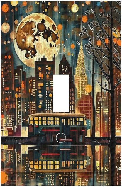 City Light Moon Bus Abstract Art Light Switch Covers 1 Gang Single Toggle Wall Plate Decorative Switchcover Electrical Switchplate for Country Living Decor