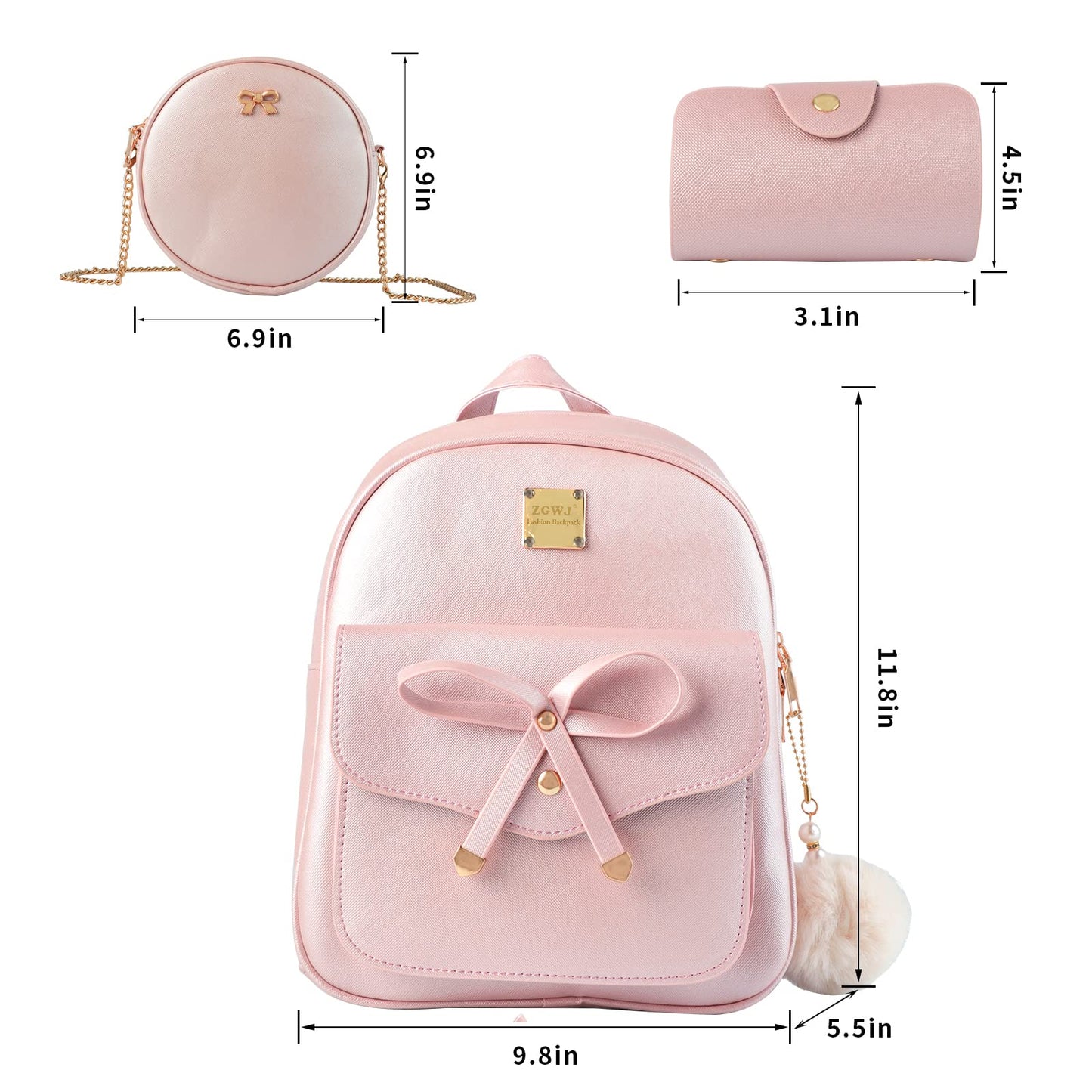 Aogist Mini Leather Backpack Purse 3-Pieces Fashion Bowknot Zipper Bags Cute Casual Travel Daypacks for Women (Pink)