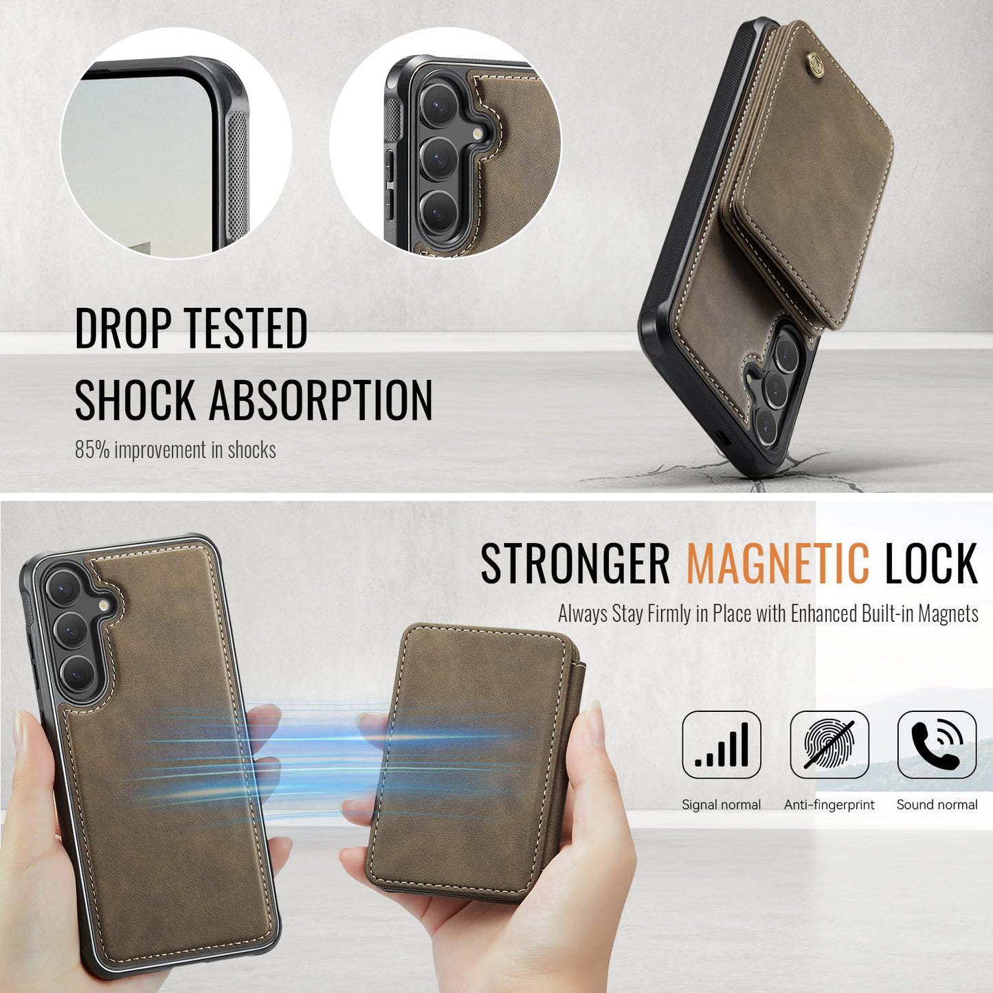 Usroom Compatible with Magsafe for Samsung Galaxy S25 Wallet Case Magnetic Card Holder, RFID Blocking 2 in 1 Detachable Kickstand Shockproof Case for Women Men, Brown