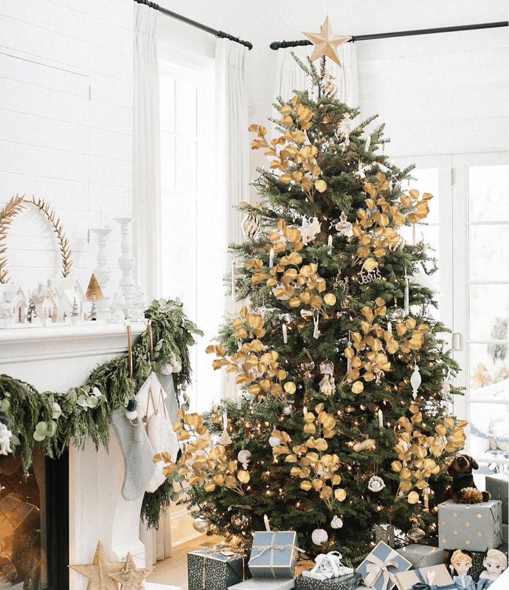 Hollyone 32” Christmas Tree Picks and Sprays 3Pcs Gold Artificial Eucalyptus Stems Eucalyptus Leaves Branches Fake Gold Leaf Floral for Vase DIY Xmas Tree Garland Wreath Centerpieces Wedding Decor