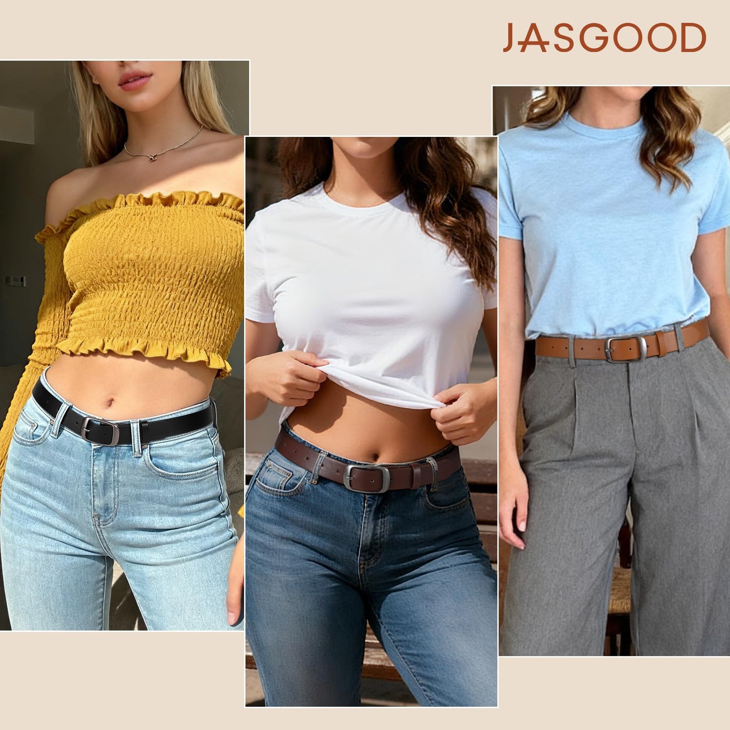 JASGOOD 3 Pack Women Belts for Jeans Pants Fashion Leather Waist Belt for Women with Gun Buckle, Black+Brown+Coffee