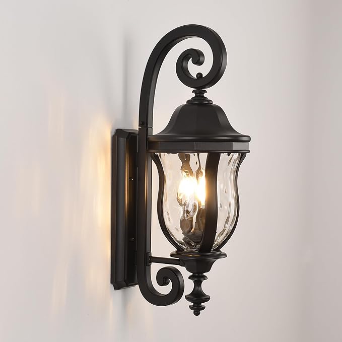 Black Exterior Wall Sconces, 28" H Large Outdoor Wall Light Fixtures with Water Glass, Waterproof Outdoor Lights Wall Mount with Decorative Patterns for Porch, Front Door