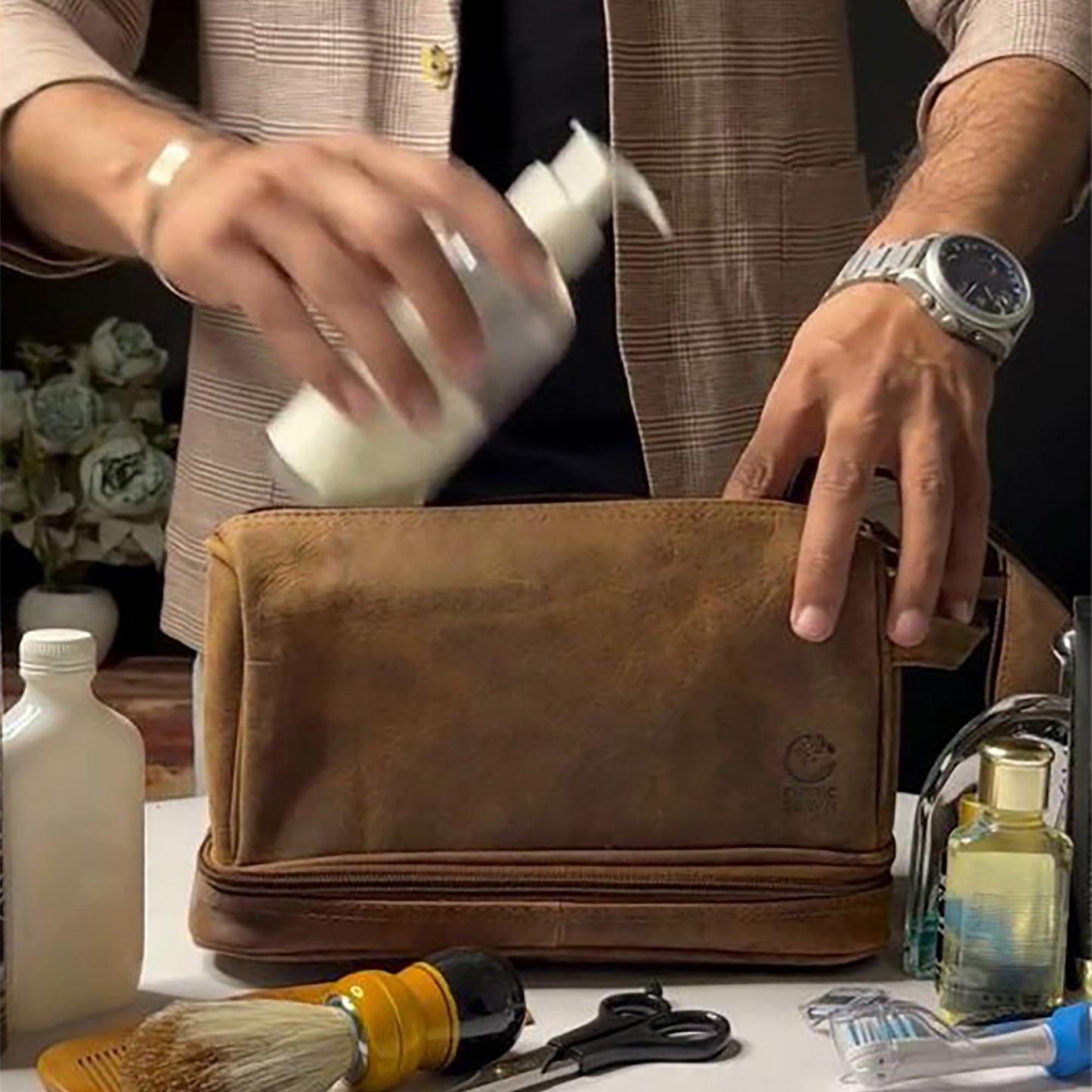 Leather Toiletry Bag for Men - Travel Shaving Dopp Kit - Bathroom Shower Toiletries Organizer - Cosmetic Makeup Bag for Women