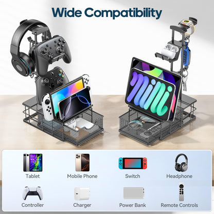 KDD Headphone Stand with Drawer - Headset & Controller Holder for Desk - Aluminum Supporting Bar Earphone Stand with Cable Organizer - Universal Gaming PC Accessories Storage