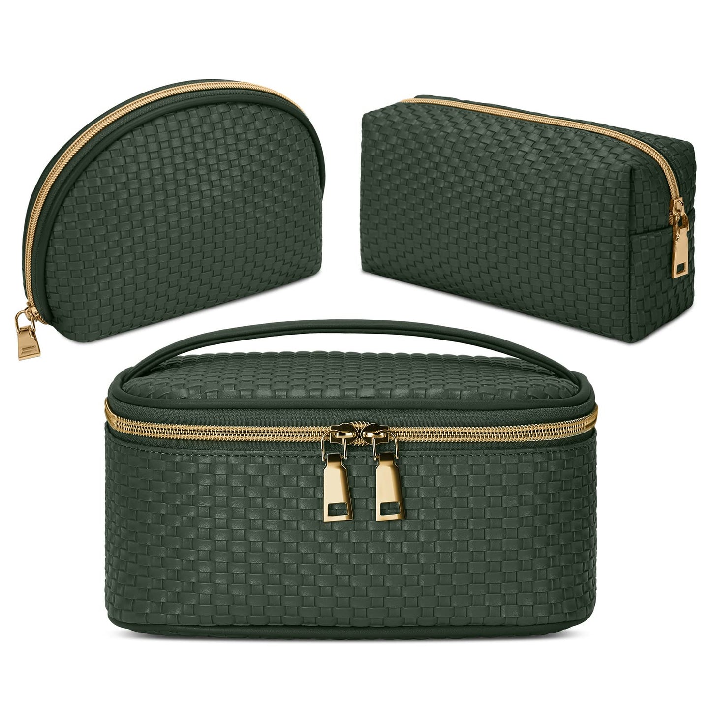 KTMOUW Makeup Bag 3 Pcs Waterproof Cosmetic Bag Set Portable Travel Cosmetic Bag Multifunction Organizer Storage Bag Weave Toiletry Bag for Women, Deep Green