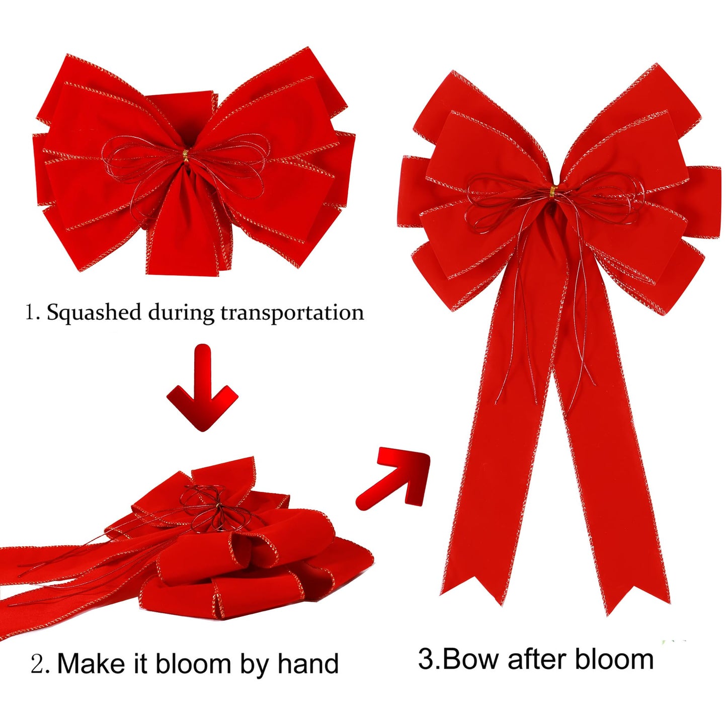 2 Pack Red Christmas Bows Outdoor Decorations,12”x20” Large Velvet Wreath Bow with Glitter String Gold Edge for Xmas Tree Topper Home Front Door Decor