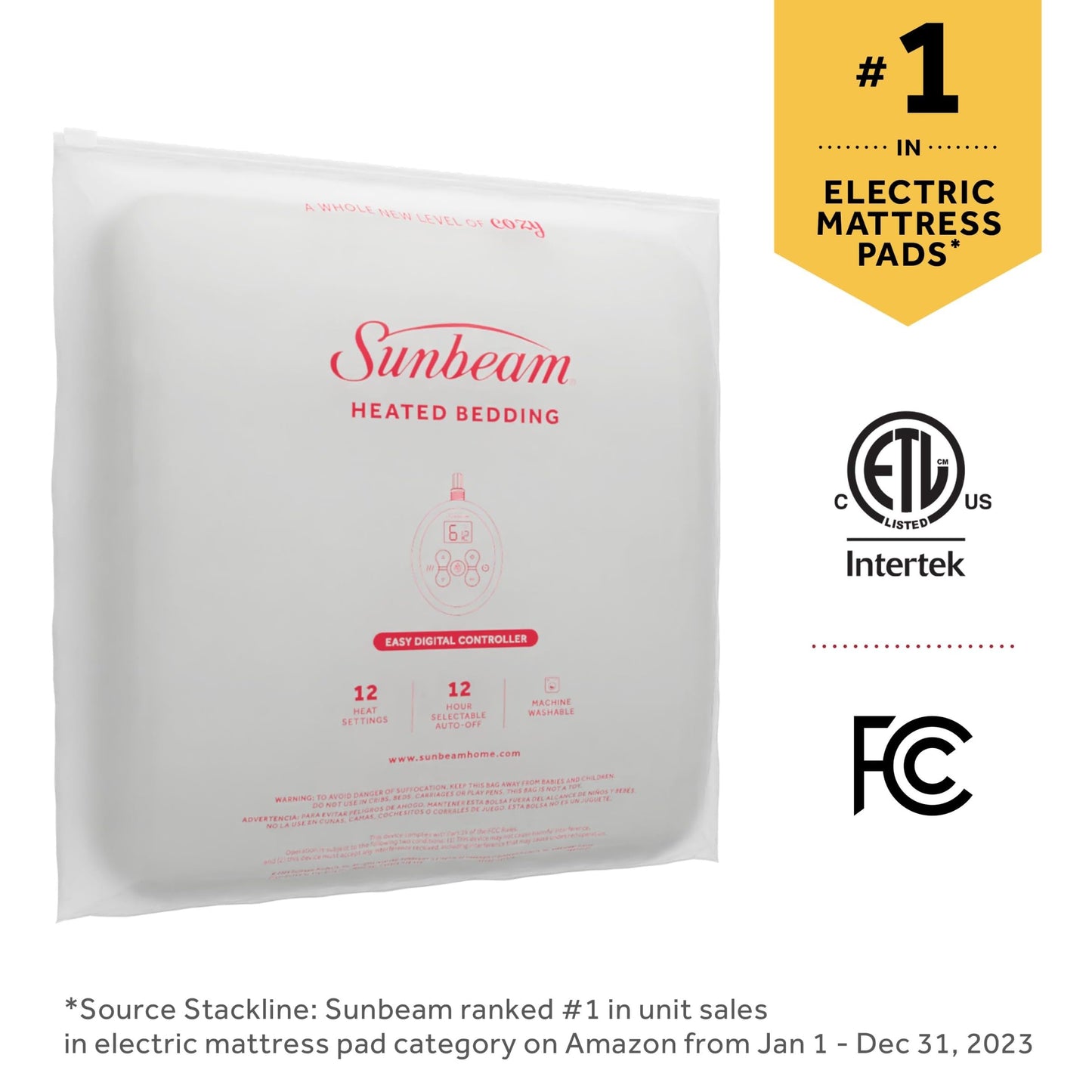 Sunbeam Premium Quilted Electric Heated Mattress Pad Twin 39" x 75" - 12 Heat Settings, 12-Hour Selectable Auto Shut-Off, Fast Heating, Warming Bed, Machine Washable, Extra-Soft Warm Cozy