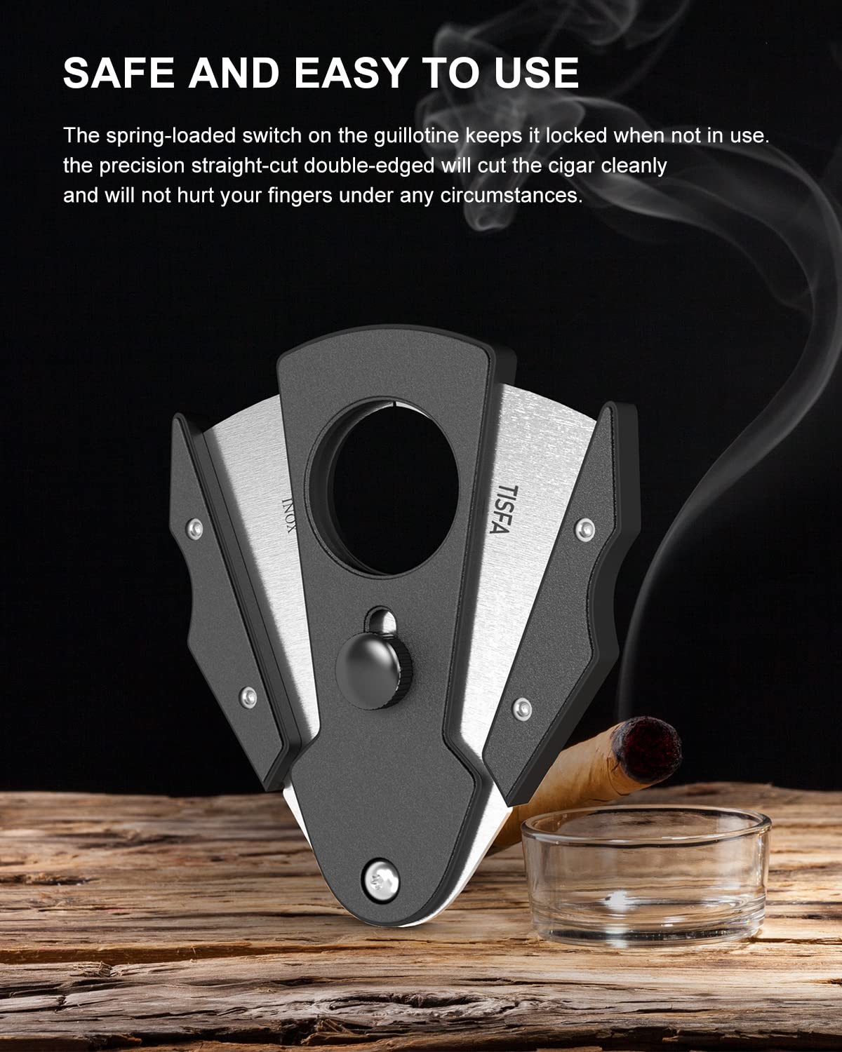 TISFA Cigar Cutter Stainless Steel Double Cut Blade with Safety Lock Cigar Guillotine, Sharp Cigar Clipper Scissors with Leather Case (Black)