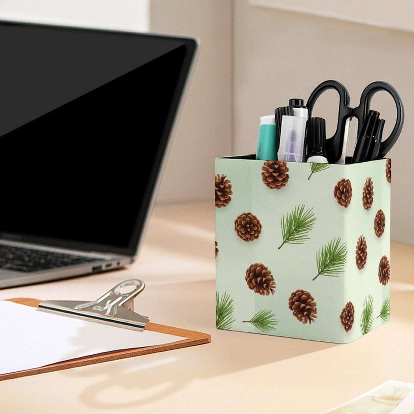 UTRSIFB Holder Cup Makeup Brush Storage Organizer, Waterproof Multifunctional Office Supplies, Pen Holder Square Leather Pencil Cute Pinecone