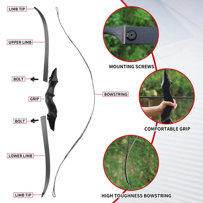 Black Hunter Recurve Bow 60" Right-Handed Bow Ergonomically Designed for Comfortable Grip Suitable for Beginners and Longbow Enthusiasts to Train Or Hunt (35LB Bow Without Arrow Set)