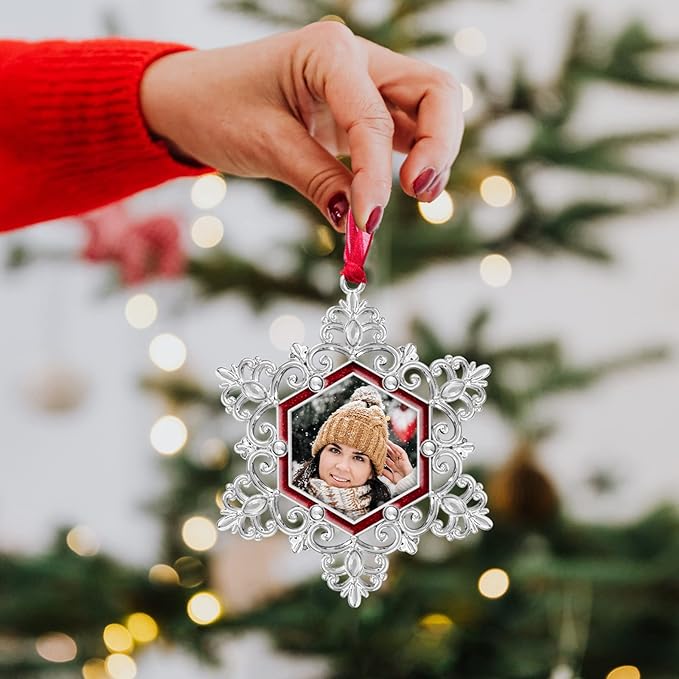 West style Snowflake Picture Frame Ornament Christmas Tree Ornaments Set 3 Pieces-Metallic Hanging Home Deco Hanging Pendant Holiday Keepsake Gift (Red, 3 Pieces)