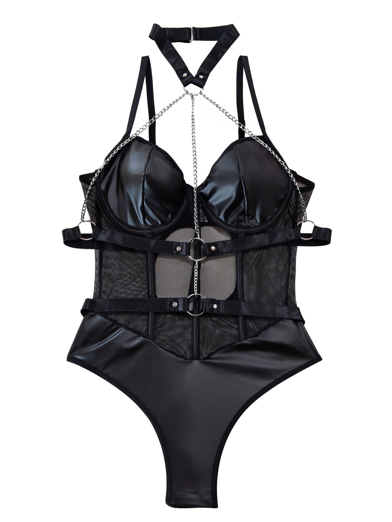 Lilosy Sexy Crisscross Choker Leather Pu Underwire Babydoll Women Harness Teddy Bodysuit Nightshirt One Piece Push Up Mesh Sheer Nightgown Chain Black Large