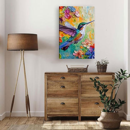 2D No Texture Colorful Painting Hummingbird Canvas Wall Art, Spring Flower Wall Decor, Cute Poster Hummingbird Picture for Wall Living Room Bathroom Bedroom Home Decoration 16*24 in (Poster No Frame)