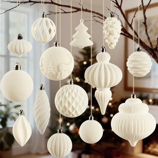 18Pcs Velvet Christmas Tree Ornaments Set, White Shatterproof Flocked Christmas Decorations Bulk for Tree, Classic Decorative Hanging Ball Ornaments for Xmas Holiday Home Party Decor