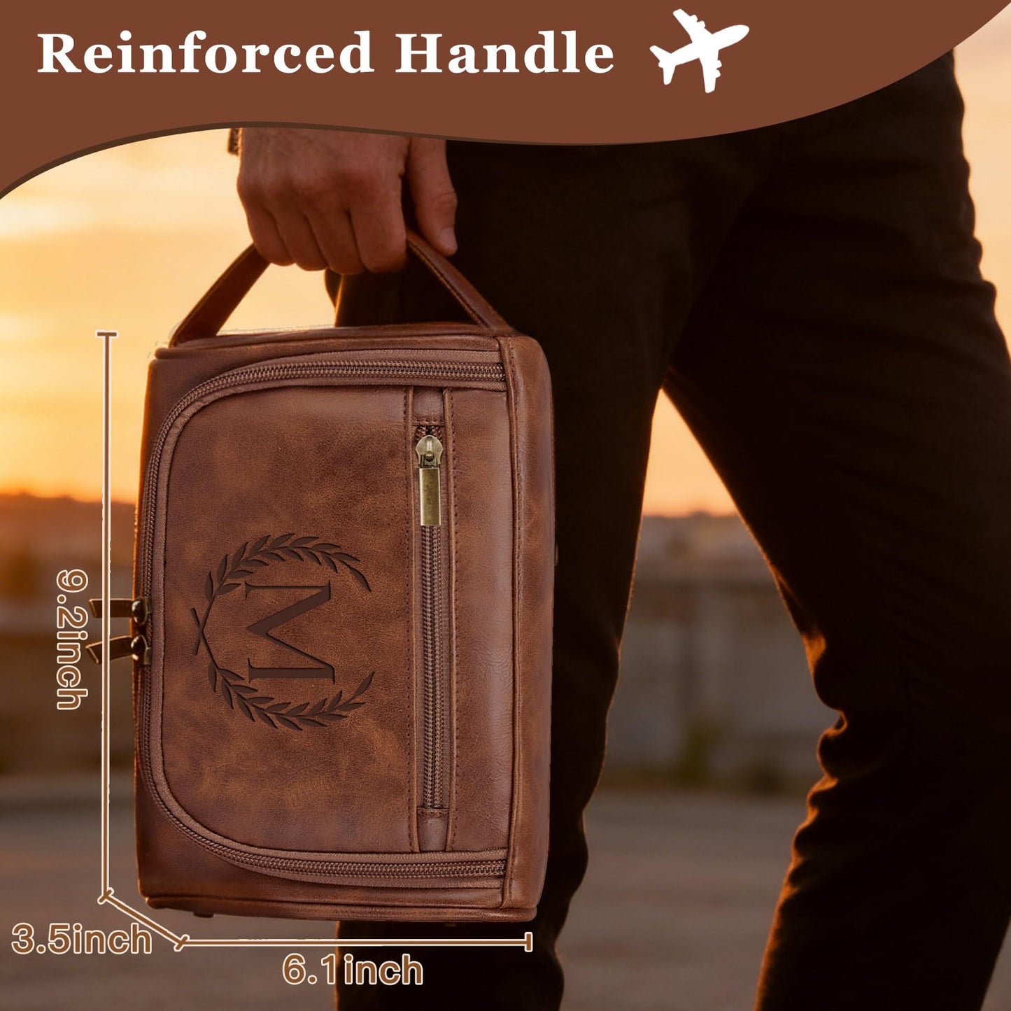 Aganmi Personalized Toiletry Bag Fathers Day Birthday Gifts for Men Dad Husband, Laser-Engraved Initial Waterproof PU Leather Toiletry Organizer Dopp Kit Shaving Bag Travel Essential Reddish Brown J