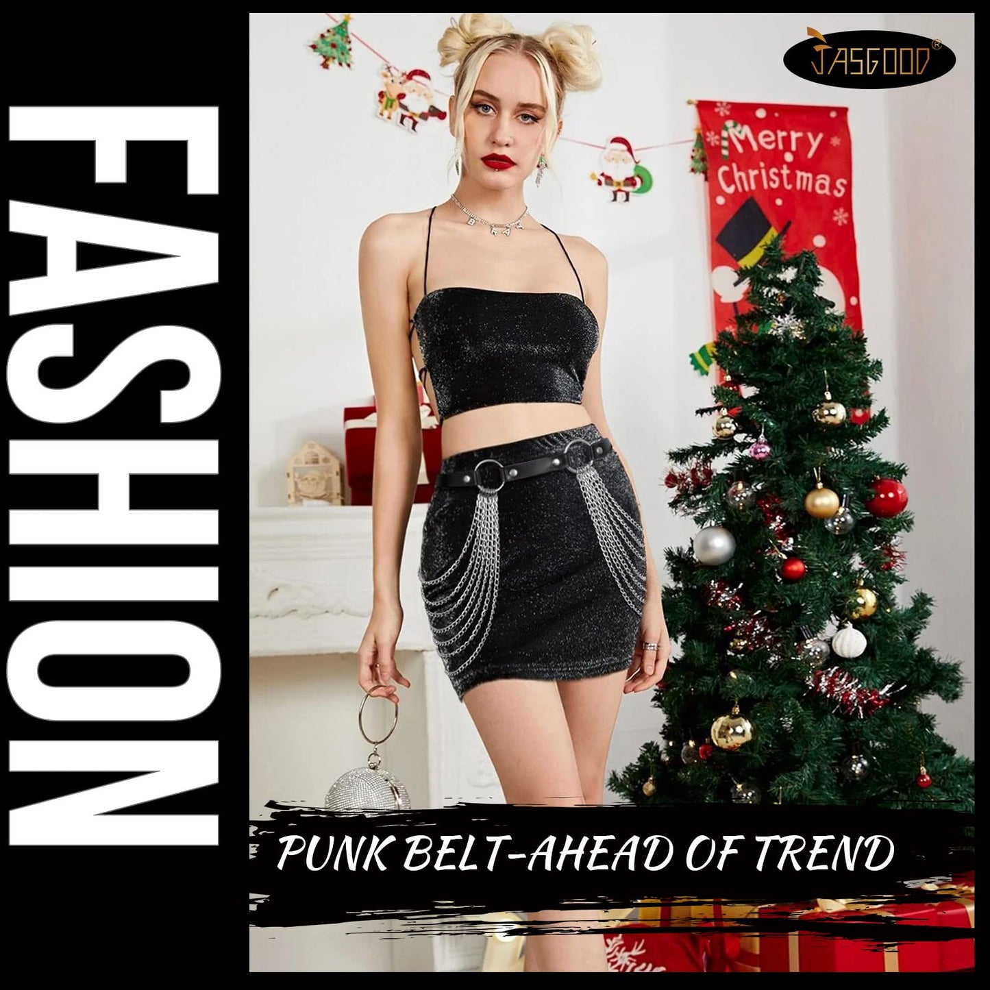 JASGOOD Women Punk Waist Chain Belt Black Leather Layered Belly Body Waist Chains Nightclub Rave Body Chain Belt for Girls,Black