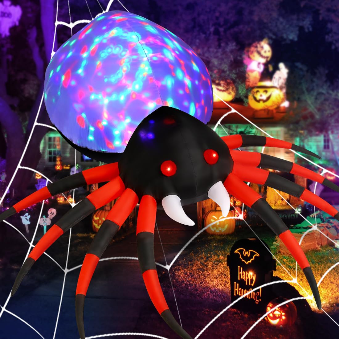 GOOSH 8 FT Width Halloween Inflatables Spider - Blow Up Yard Decorations with Magic Light - Halloween Outdoor Inflatables for Yard Garden Lawn Decor