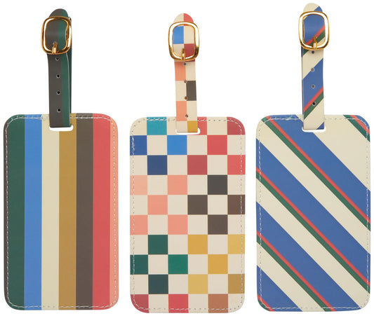 WORLD TRAVELER Luggage Tag Set - 3 Pack Baggage Tags Identifiers with ID Cards - Faux Leather Luggage Tags for Suitcases, Checkered