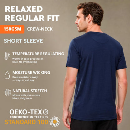 MERINNOVATION Mens Merino Wool T-Shirt - Men Merino Wool Shirt Lightweight Base Layer Undershirt Men's Equestrian Shirts Indigo Blue