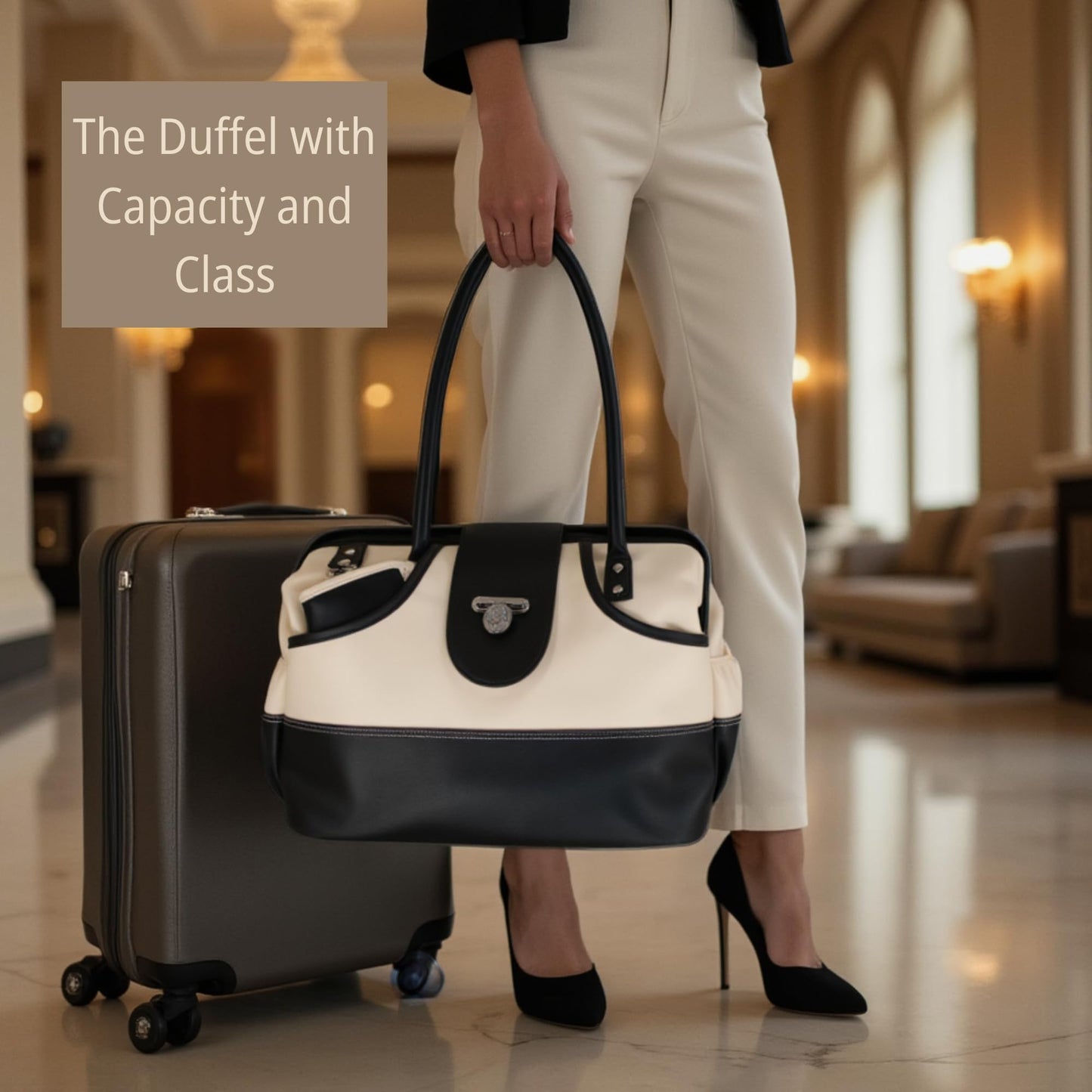Borsali Weekender Bag for Women - Travel Carry On Duffel -Vegan Leather with Travel Wallet, Packing Cubes & Shoe Covers (Cream)