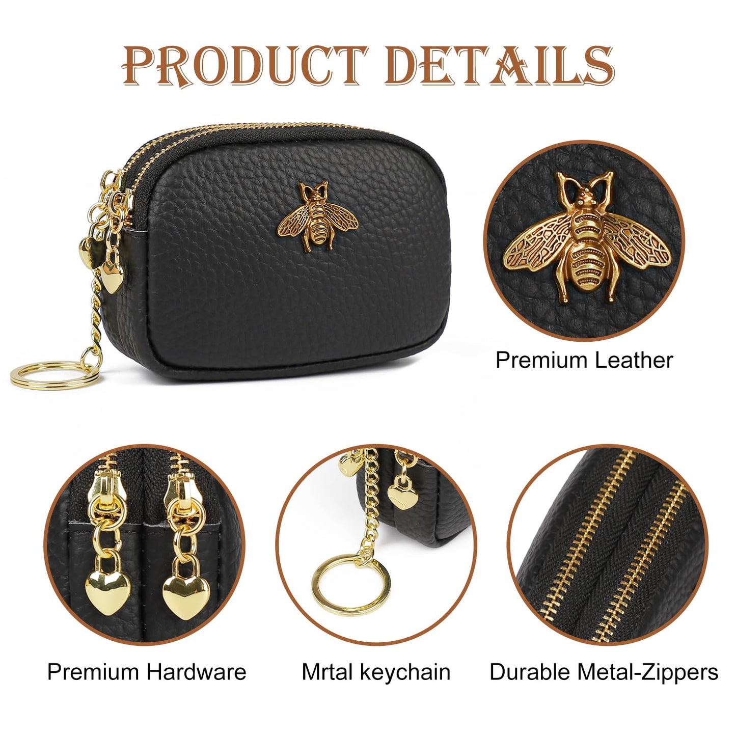 imeetu Women Leather Coin Purse, Small 2 Zippered Change Pouch Wallet(Copper Bee, Black)