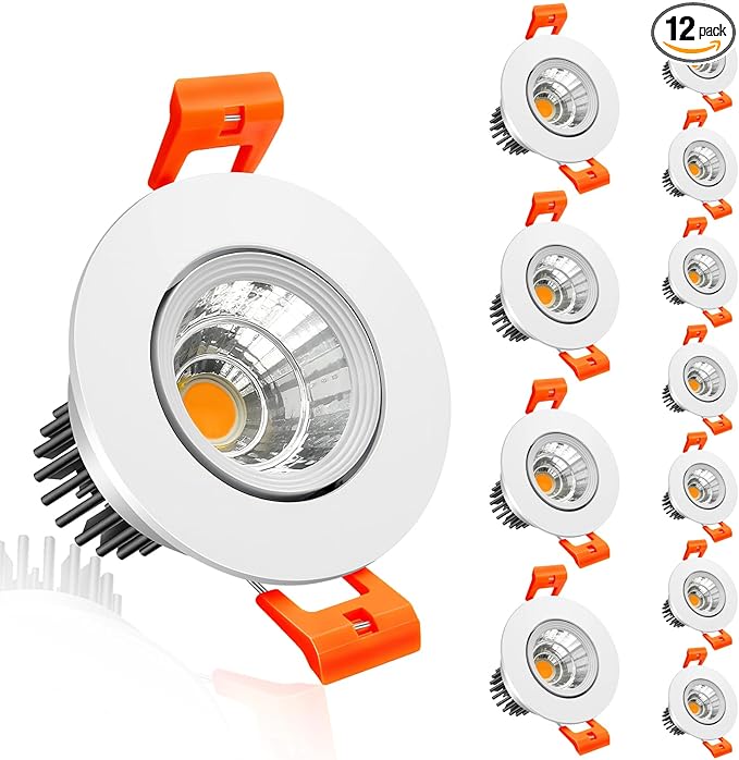 inShareplus 2 Inch LED Downlight, 3W Recessed Lighting COB Dimmable, 3000K Warm White, CRI80, Ceiling Lights with LED Driver, 12 Pack
