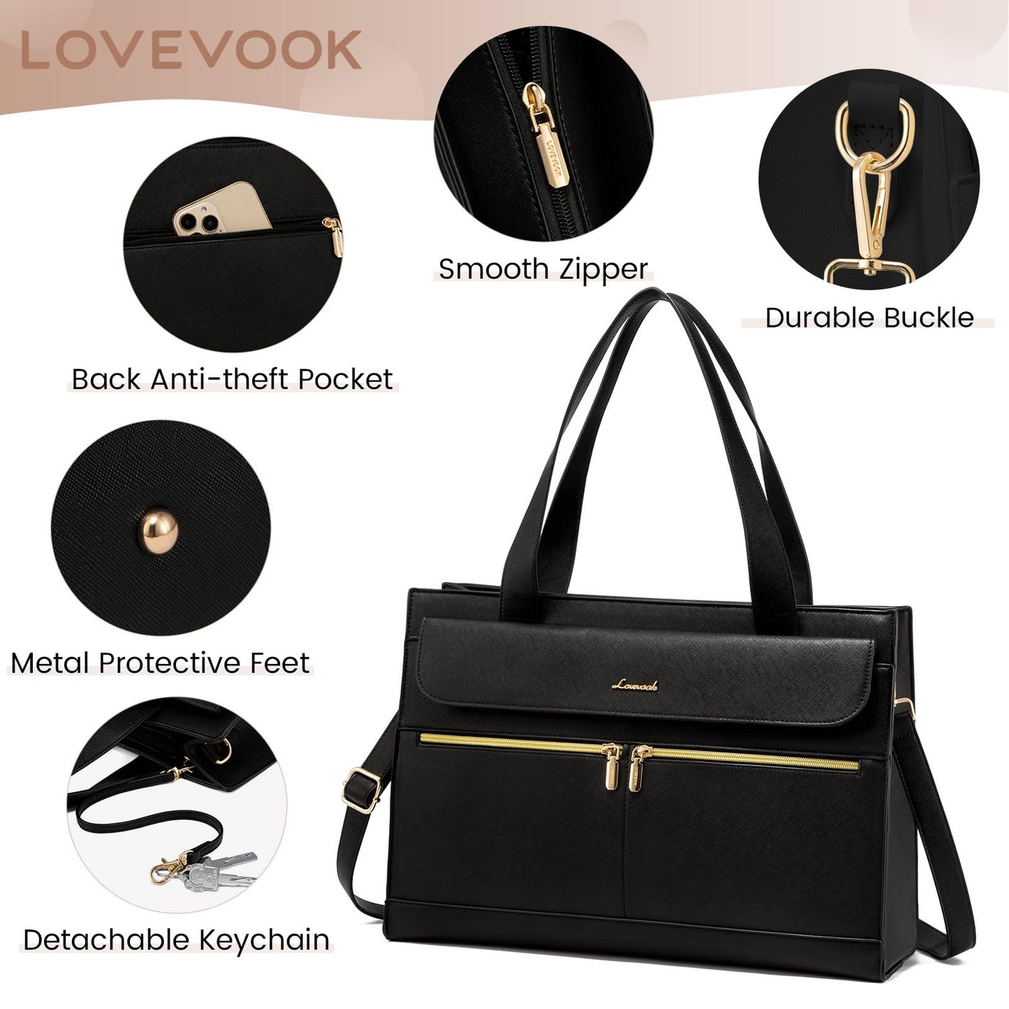 LOVEVOOK Laptop Tote for Women - 15.6 Inch Professional PU Leather Computer Briefcase, Waterproof Handbag, Large Capacity Business Teacher Office Bag, Crossbody Purse - Black