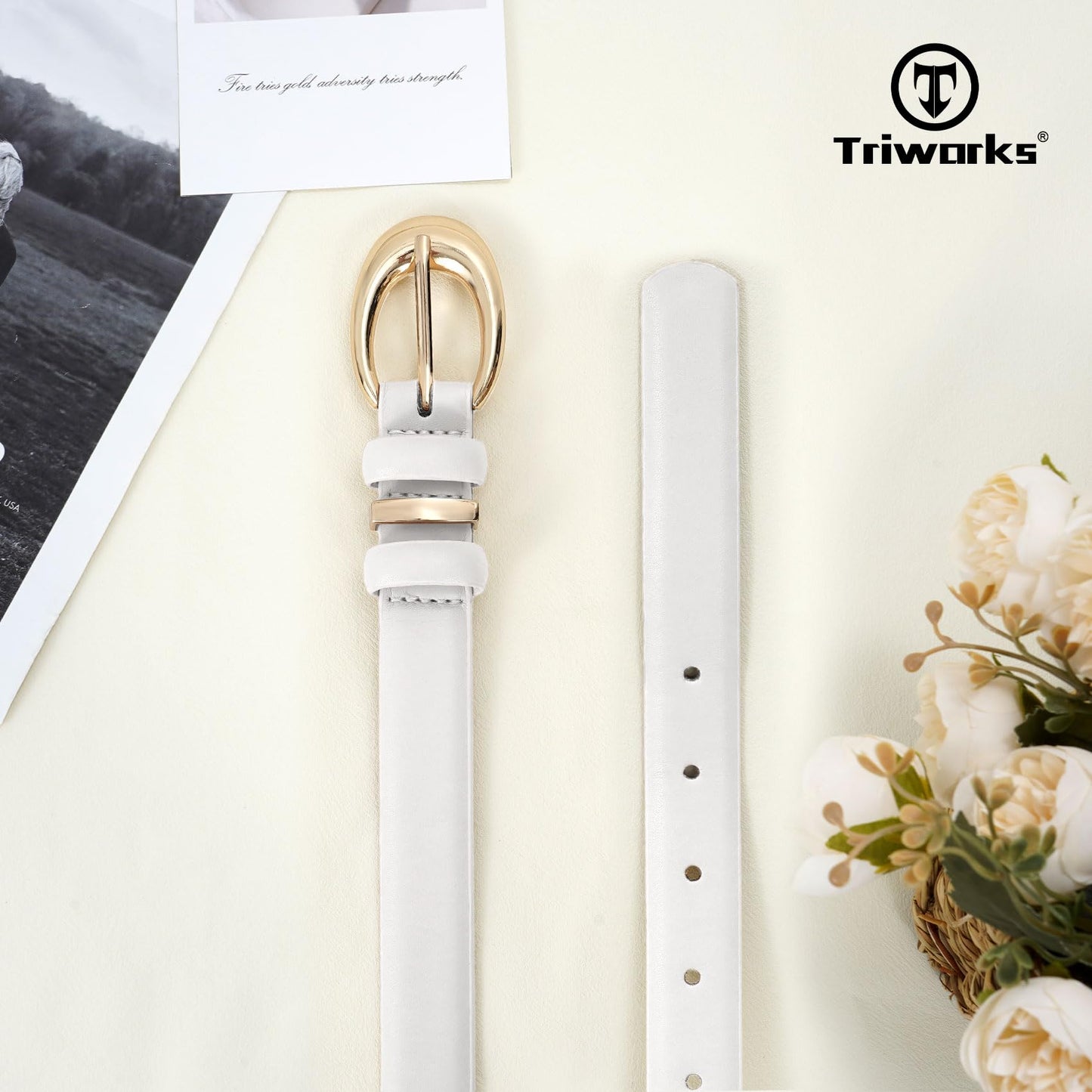 TRIWORKS Women Leather Belt for Jeans Pants Fashion Ladies Skinny Faux Leather Dress belt with Gold Buckle