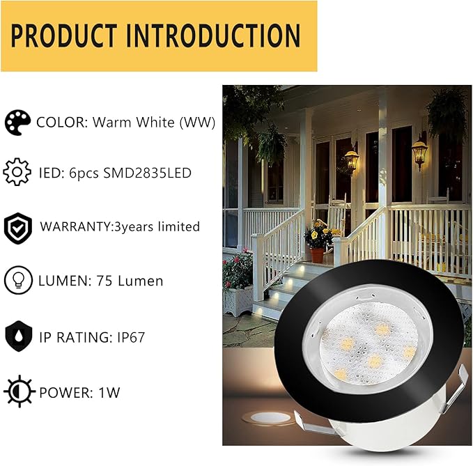 Led Deck Lights Outdoor Waterproof Low Voltage Stainless Steel 1W Outdoor Yard Garden Decoration Lamps Landscape Pathway Patio Step Stairs LED In-ground Lights Black Border(30pcs, Warm White)