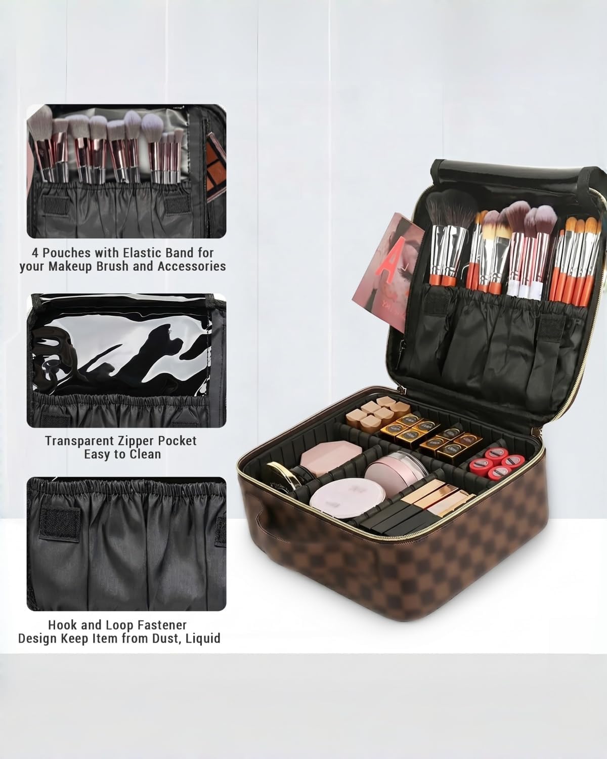 WIRIBEY Elegant Checkered Toiletry Travel Organizer - Vintage Retro Cosmetics Bag with Gold Zipper, Budget-Friendly Christmas Thanksgiving Birthday Gift for Mom Wife Sister, PU Leather Pouch