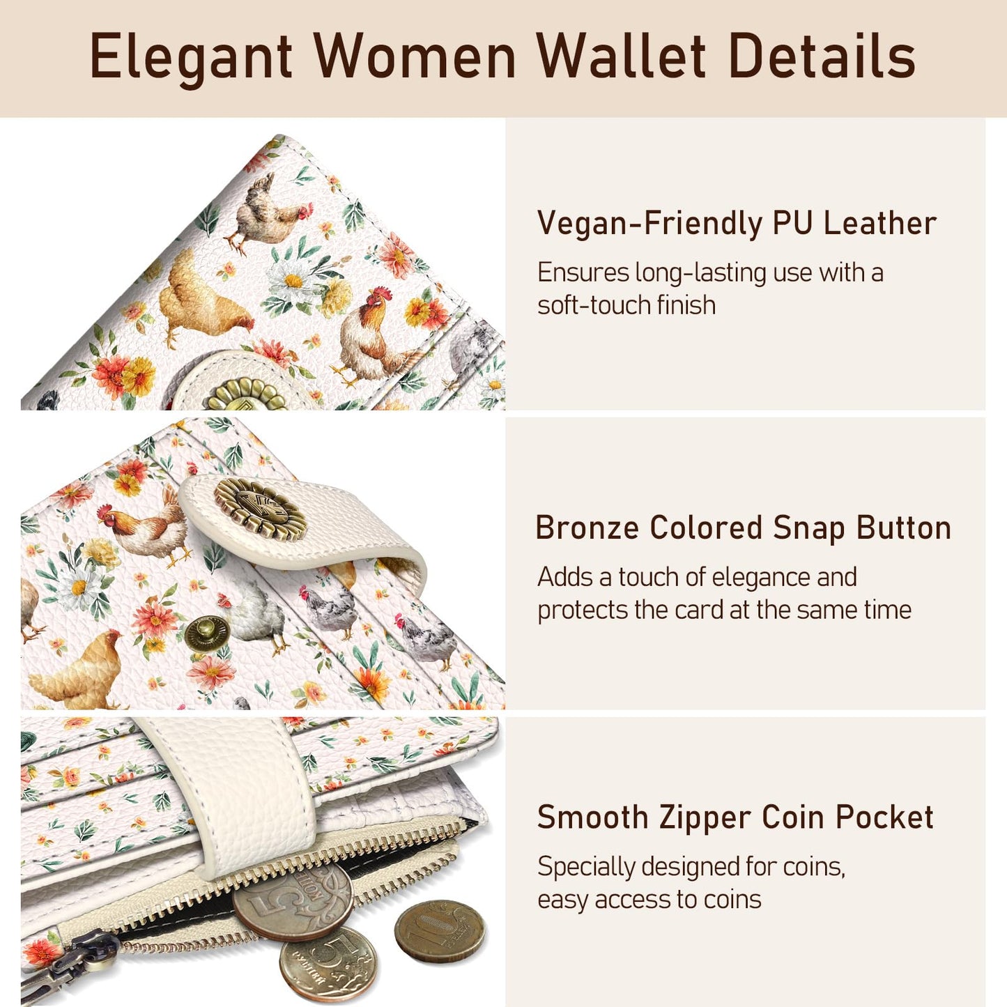 Kelvoris Roosters Chicken Small Rfid Women Wallet Bifold Zipper Coin Pocket PU Leather Compact Cash Credit Card Holder Travel Wallet for Female Ladies Teen Girls 1 ID Window 10 Card Slots
