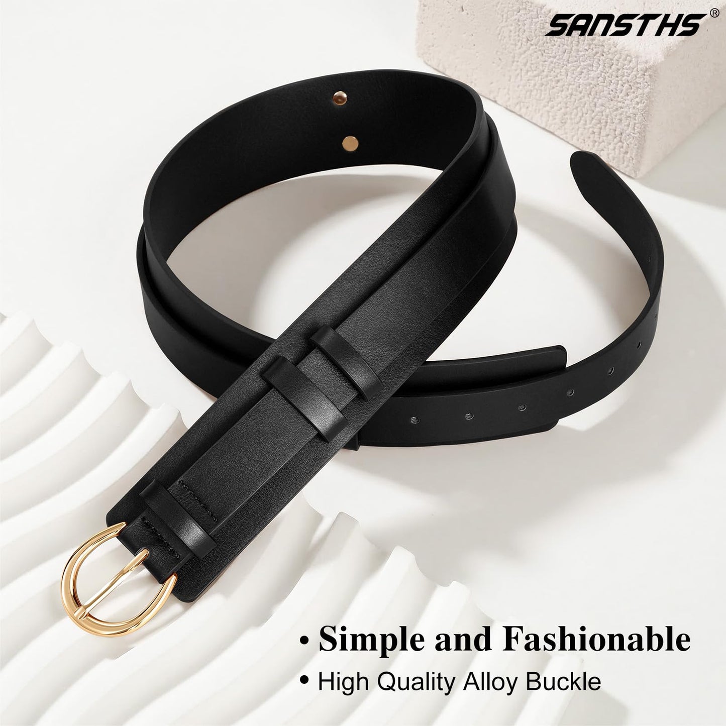 SANSTHS Belt for Women 2-in-1 Waistband for Dress Coats Pants, Women Wide Leather Belt with Fashion Buckle, Black M