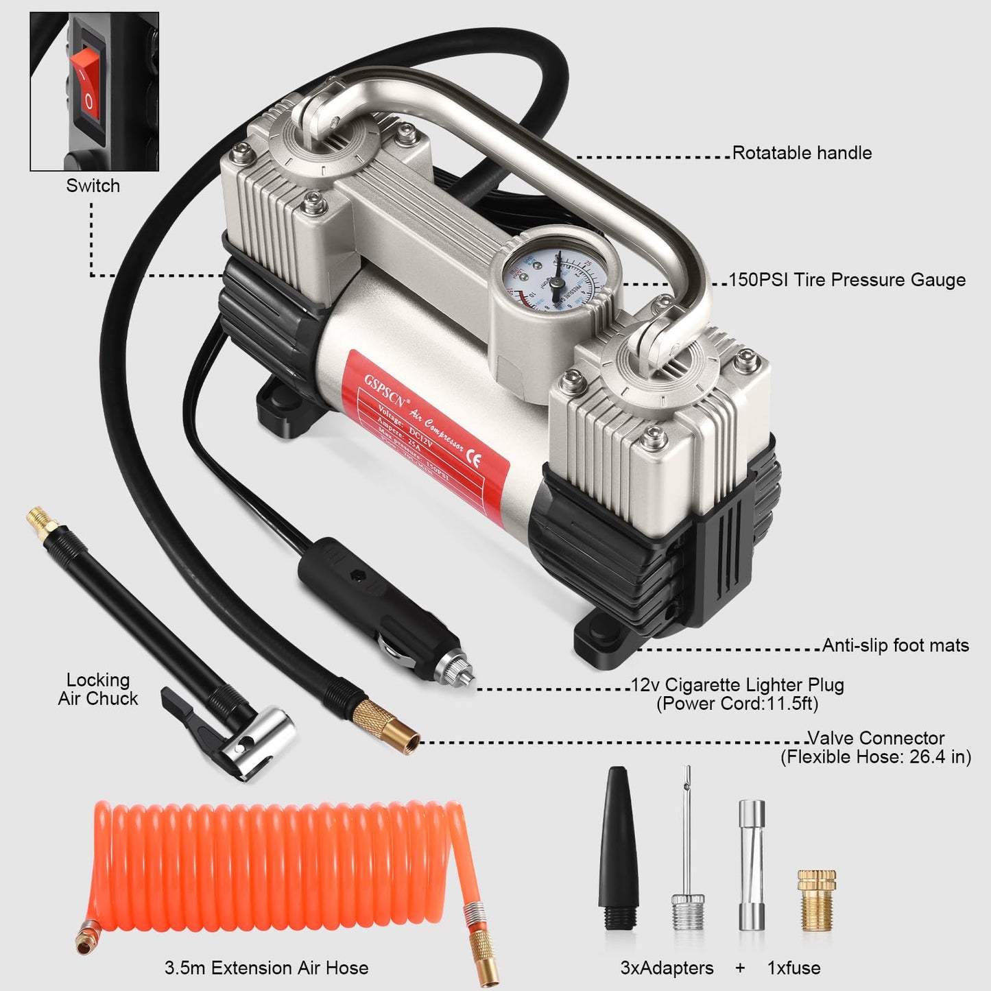 GSPSCN Silver Tire Inflator Heavy Duty Double Cylinders with Portable Bag- Car Accessories，Metal 12V Air Compressor Pump 150PSI with Adapter for Car, Truck, SUV Tires, Dinghy, Air Bed etc