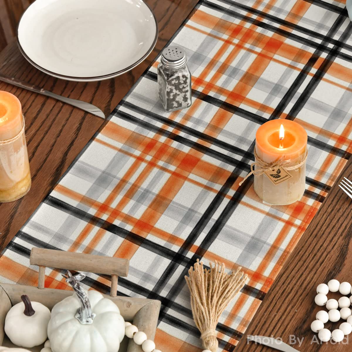 Artoid Mode Orange Black Buffalo Plaid Fall Table Runner, Halloween Kitchen Dining Table Decoration for Outdoor Home Party 13x108 Inch