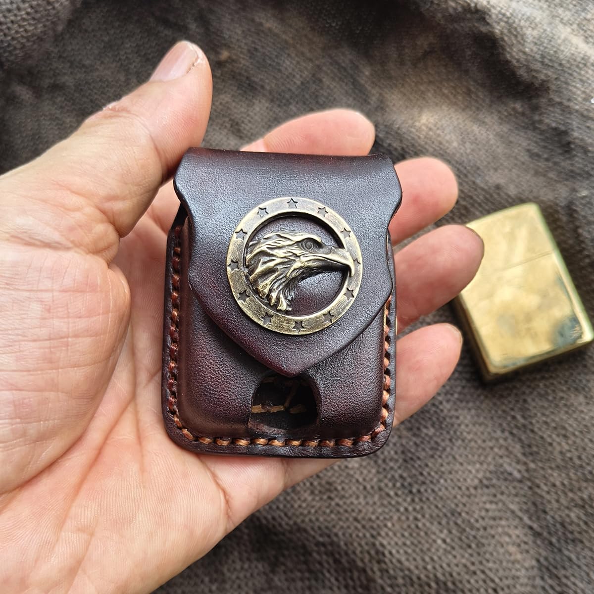 Gucaibu Leather Lighter Case, Dark Brown Western Style with Bronze Eagle Medallion, Handcrafted Holder