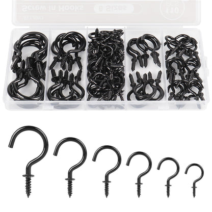 RELBRO Screw Hooks, 6 Sizes Metal Screw in Cup Hooks, 1/2 Inch, 5/8 Inch, 3/4 Inch, 7/8 Inch, 1 Inch, 1-1/4 Inch, Black, 110 Pcs