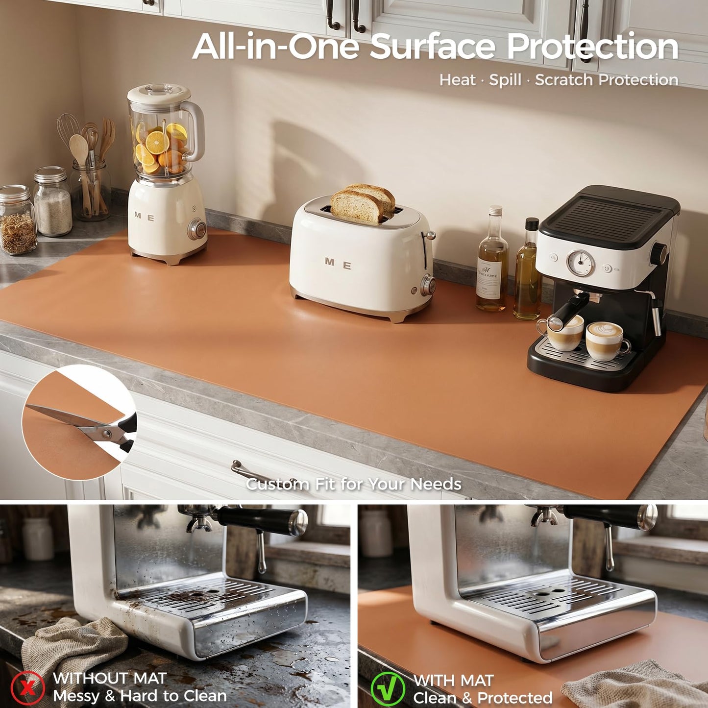 Promattoo 1.6mm Thick Leather 17x54 Inch Non-Slip Mat, Waterproof Countertop Protector, Dinner Table Runner/Cabinet Top Cover, Caramel Brown