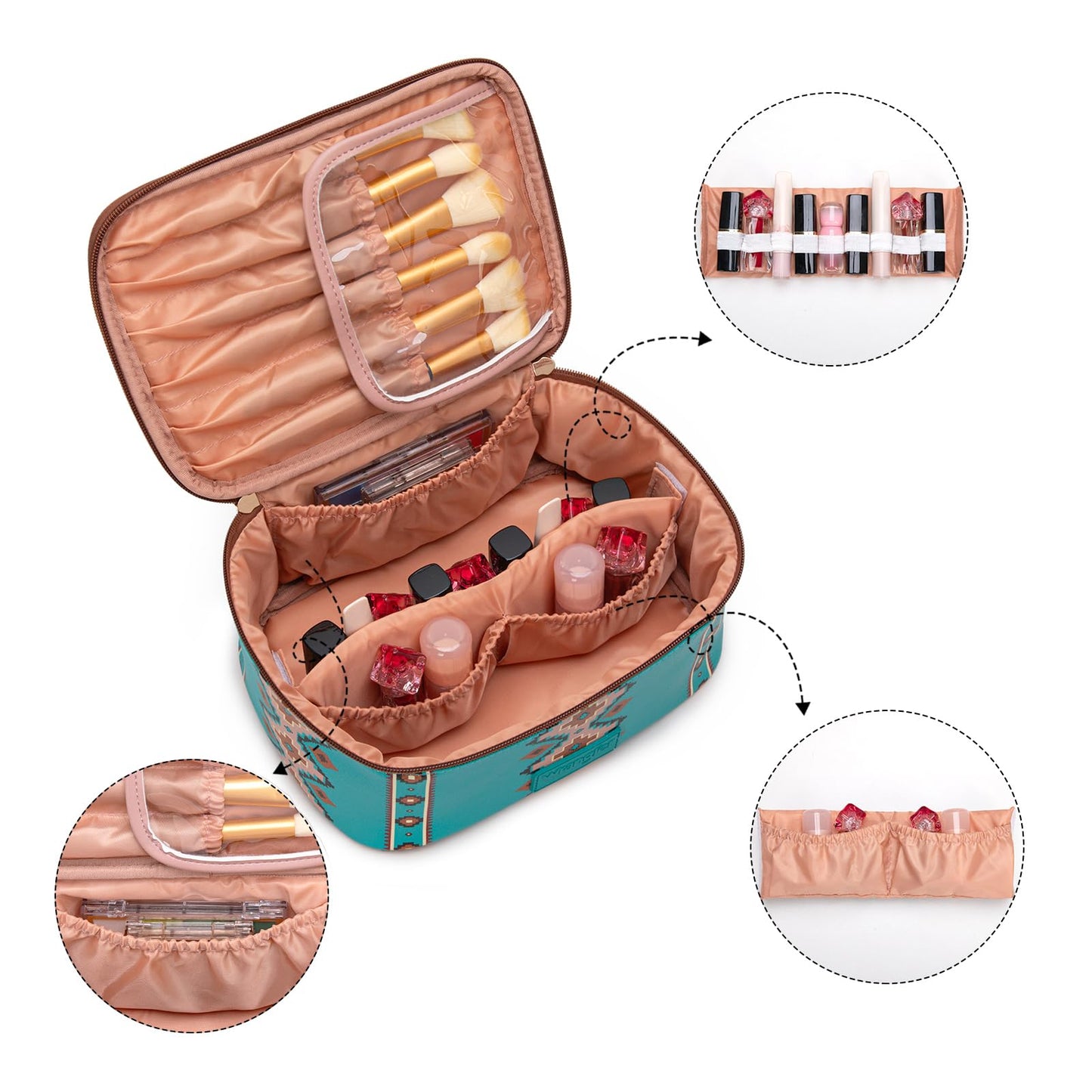 Montana West X Wrangler Travel Makeup Bag 2pcs Set Large Cosmetic Bag with Makeup Brush Holder Portable Make Up Organizer Cute Toiletry Bag with Divider and Handle for Women Aztec
