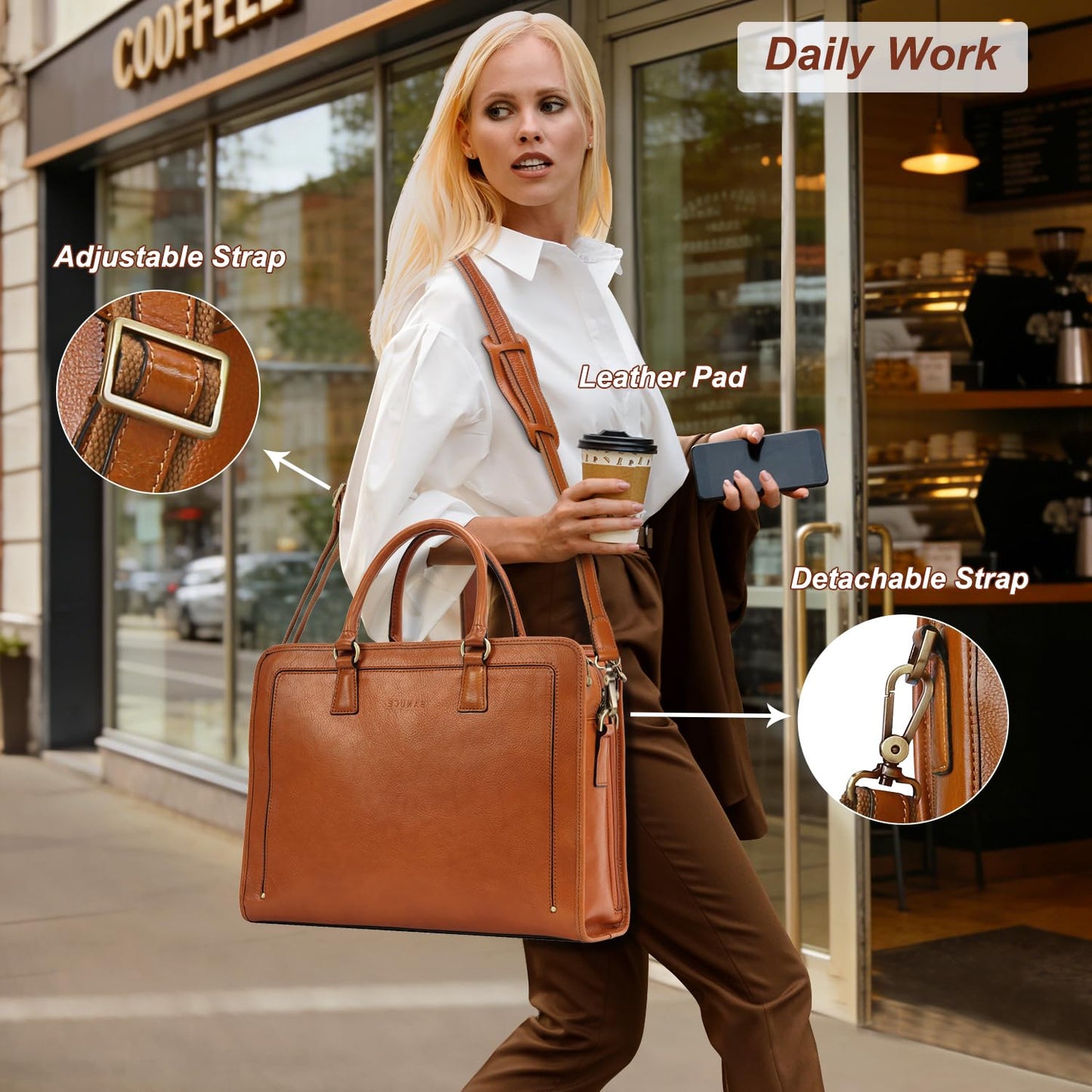 Banuce Premium Italian Full Grain Leather Briefcase for Women 15.6 Inch Laptop Bag Office Work Business Travel with Luggage Strap and Detachable Shoulder Strap Brown