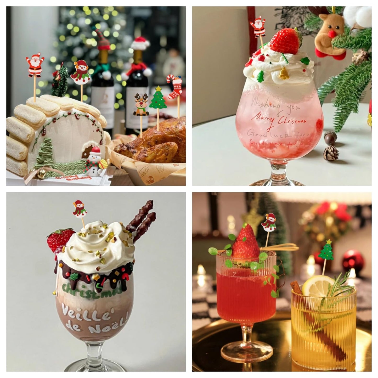 Jiesky 240 Counts Christmas Cocktail Picks Christmas Tree Snowflake Snowman Santa Claus Reindeer,4.7in Bamboo Cocktail Toothpicks Fruit Food Appetizer for Christmas Party Decorations 2024