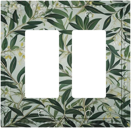 Sage Eucalyptus Leaves Foliage Dual Outlet Covers Wall Plate 2 Gang Rocker Decora Decorative Switchplate Electrical Faceplate GFCI Light Switch Covers for Farmhouse Living Decor