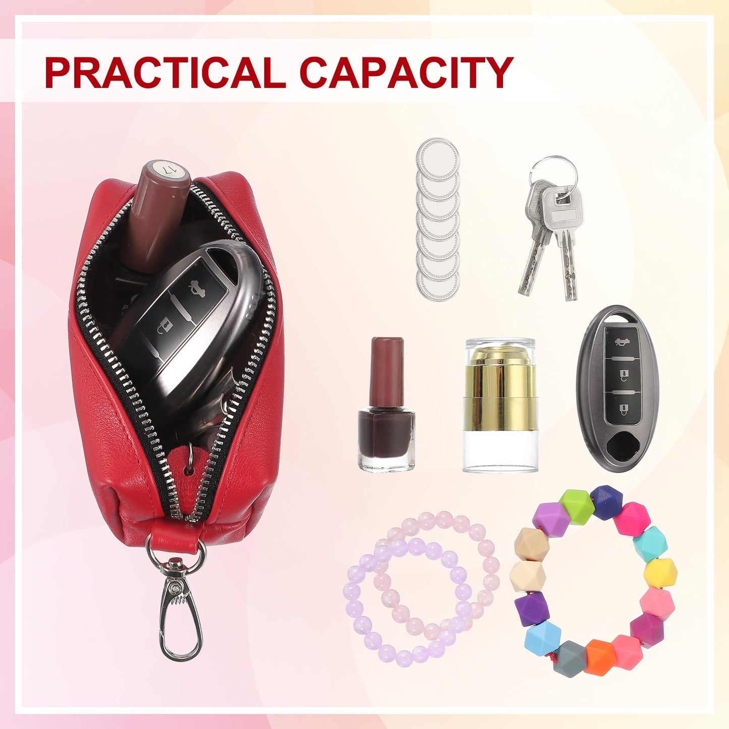 uxcell Leather Coin Purse, Leather Car Key Holder Bag Hand-held Change Purse Keychain Pouch Small Coin Pouch with Key Ring for Women and Men, Red