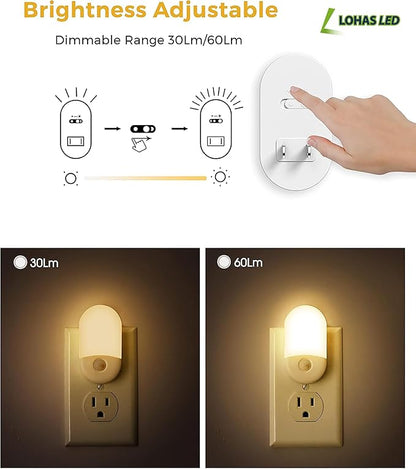L LOHAS LED Motion Sensor Night Light, Motion Activated Night Light, 4Pack, 3000K Warm White, Night Lights Plug into Wall Motion Sensor, 30/60LM Adjustable Brightness, for Kids Adults Bathroom Kitchen