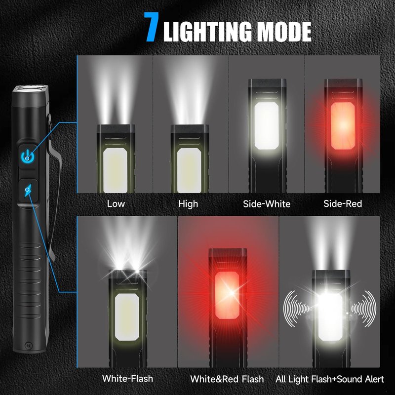 Annteneo Rechargeable EDC Flashlight, Small Flat Flash Light, Pocket Magnetic Flashlights, Sound Alarm, 7 Mode, CoB Side Light, Clip On Tactical Flashlight for Everyday Carry,Home,Camping,Emergency