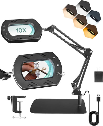 10X Square Magnifying Glass with Light and Stand, 2-in-1 LED Lighted Desk Lamp & Clamp, 5 Color Modes Stepless Dimmable, Hands-Free Magnifier Desk Lamp for Reading Craft Close Work B01DL05