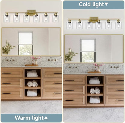 Modern Brushed Gold 6 Light Bathroom Light Fixtures,38 inch Vanity Lights for Bathroom with Clear Glass, Vanity Light for Mirror Kitchen Living Room Hallway Cabinet Porch
